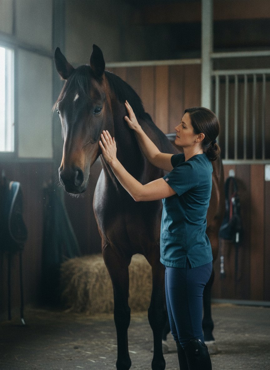 Vétérinaire équin auprès d'un cheval