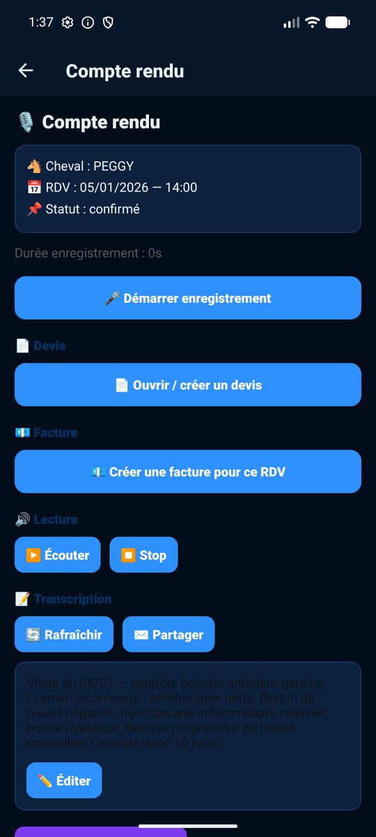 Écran compte-rendu avec dictée vocale — application Chevalink Pro