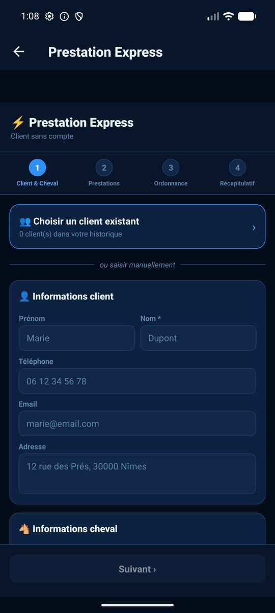 Écran prestation express en 4 étapes — application Chevalink Pro