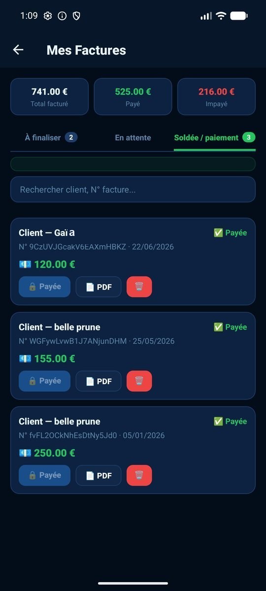 Écran factures avec statuts de paiement — application Chevalink Pro