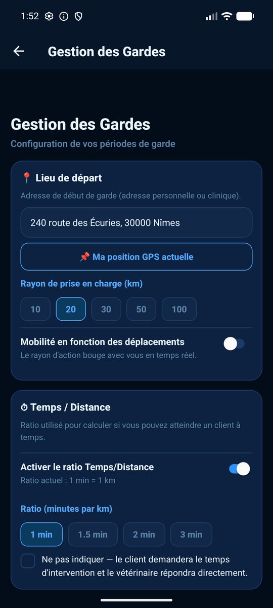 Écran gestion des gardes — application Chevalink Pro