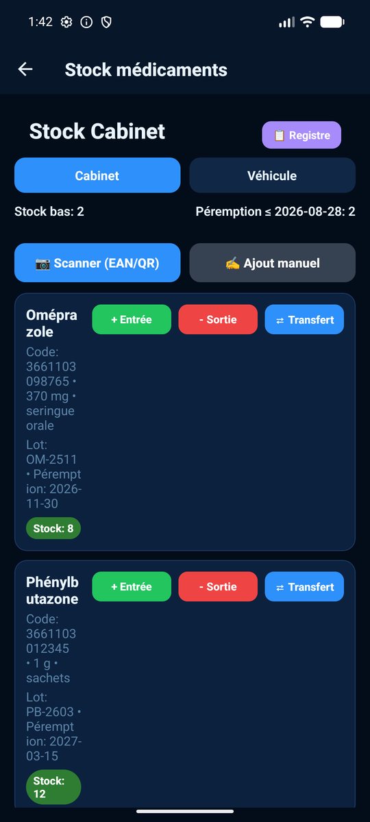 Écran stock et registre des médicaments — application Chevalink Pro