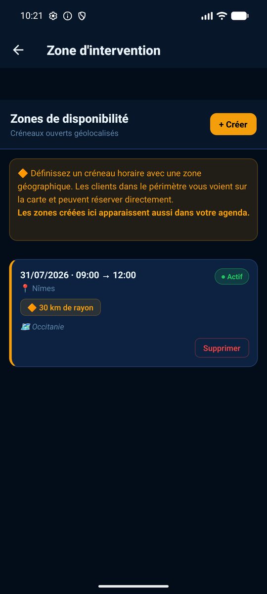 Écran zones de disponibilité géolocalisées — application Chevalink Pro